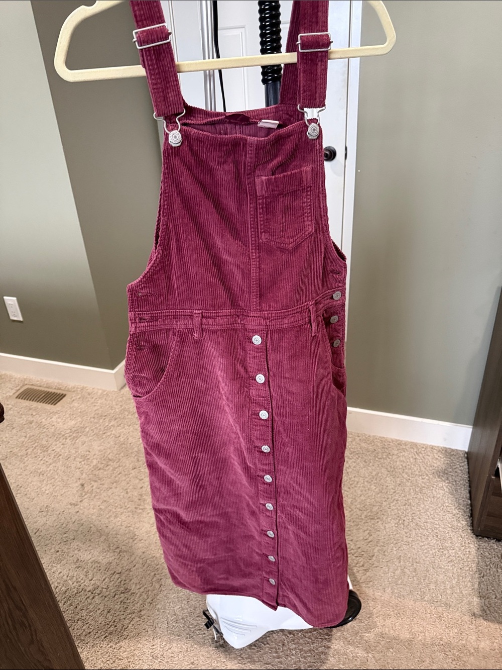 Levi's Raspberry Corduroy Button-Front Pinafore Midi Dress